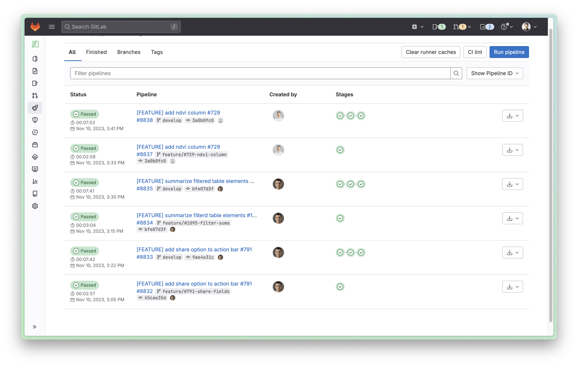 Screenshot of passed pipelines in GitLab