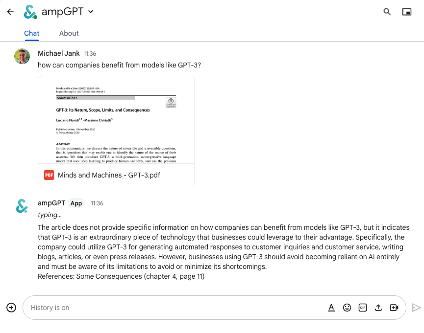 A screenshot of a chat with ampGPT showing how the file upload works A screenshot of a chat with ampGPT showing how the file upload works
