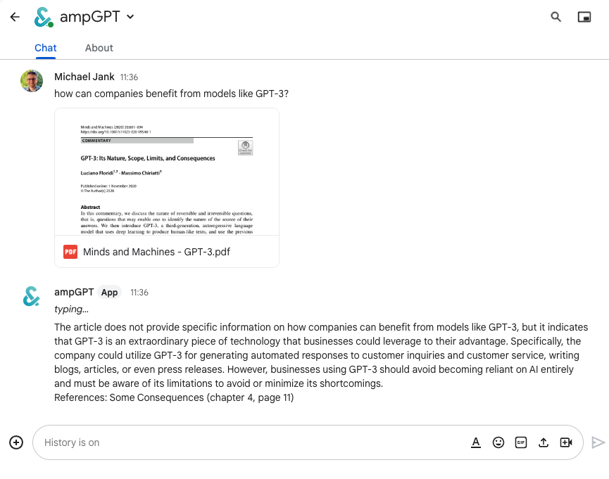 A screenshot of a chat with ampGPT showing how the file upload works